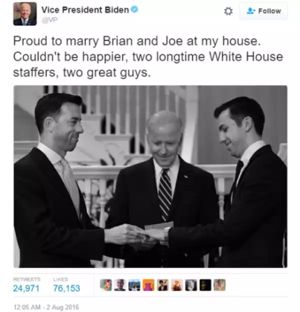 Photo: U.S Vice President Joe Biden officiates same-s*x wedding for two White House workers